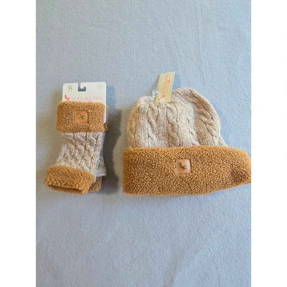 Koolaburra by UGG Beanie and Gloves Set Womens O/S Brown Cable Knit Faux Fur New